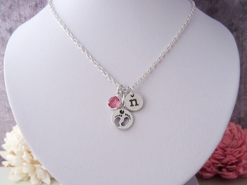 Baby Feet Necklace Antique Silver New Mom Necklace New Mother Gift Monogram Personalized Initial and Birthstone image 2