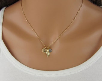 Angel Wing Necklace - Gold Plated Jewelry - Monogram Personalized Initial and Birthstone - Gold Memorial Gift