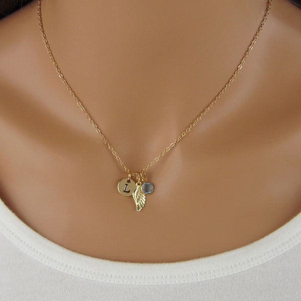 Angel Wing Necklace - Gold Plated Jewelry - Monogram Personalized Initial and Birthstone - Gold Memorial Gift