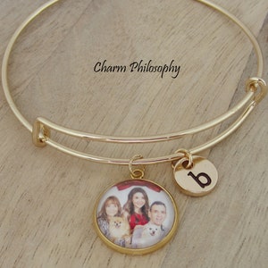 Photo Bracelet - Adjustable Bangle Bracelet - Personalized Initial and Birthstone - Custom Cabochon Picture Charm - Gold Photo Bracelet