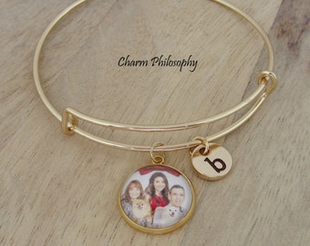 Photo Bracelet - Adjustable Bangle Bracelet - Personalized Initial and Birthstone - Custom Cabochon Picture Charm - Gold Photo Bracelet