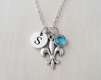Collar de flor de lis: inicial personalizada, dije de piedra de nacimiento, joyería francesa