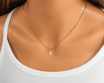 Gold Cross Necklace - Tiny Christian Cross Charm, Religious Jewelry