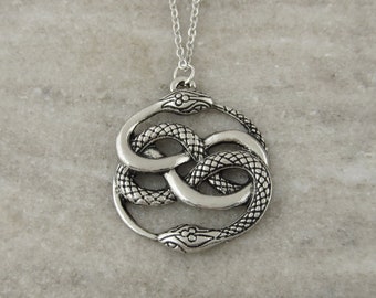 Ouroboros Necklace - Auryn Necklace - Intertwining Snakes Pendant - Snake Necklace - Antique Silver Jewelry