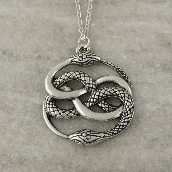 Ouroboros Necklace - Auryn Necklace - Intertwining Snakes Pendant - Snake Necklace - Antique Silver Jewelry