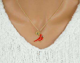 Red Cardinal Necklace: Gold and Enamel Bird Jewelry, Memorial Gift