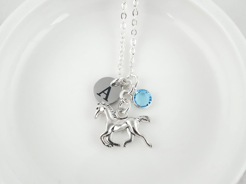 Puede incluir: Un collar de tono plateado que presenta un dije de caballo met&aacute;lico, un colgante circular grabado con la letra A y un peque&ntilde;o dije de cristal redondo de color azul claro. Los dijes cuelgan de una delicada cadena de eslabones plateada.