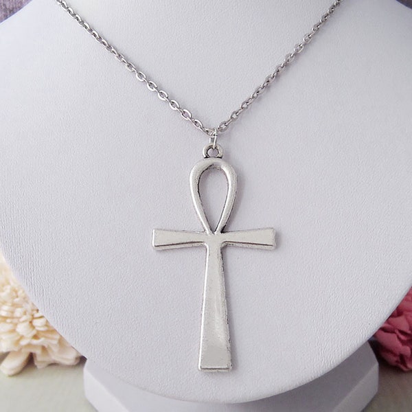 Huge Ankh Necklace - Egyptian Ankh Charm - Antique Silver Toned Jewelry