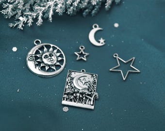 Antique Silver Celestial Charms – Moon, Star, Sun Pendants