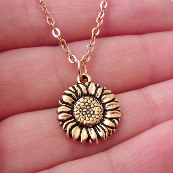 Gold Sunflower Necklace - Flower Jewelry - Antique Gold Pewter Jewelry - Sunflower Jewelry