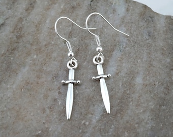 Silver Dagger Earrings - Sword Jewelry - Sterling Silver, Steel or Silver Plated Shepherd Hooks - Small Dagger Charm Earrings