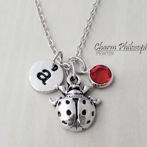 Ladybug Necklace - Antique Silver Insect Necklace - Monogram Personalized Initial and Birthstone