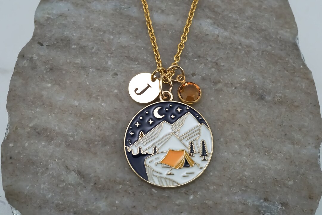 Camping Necklace Camping in the Mountains Charm Antique Gold and Enamel Camping Jewelry