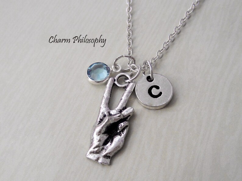 Personalized Birthstone and Initial Victory Sign Necklace Keychain Hand Peace Sign Charm Jewelry Silver Sign Language Necklace