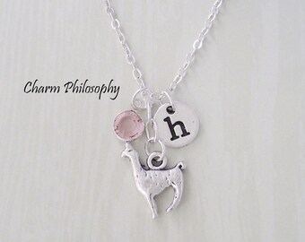 Llama Necklace - Alpaca Necklace - Silver Llama Charm Necklace - Personalized Llama Jewelry with Custom Initial and Birthstone