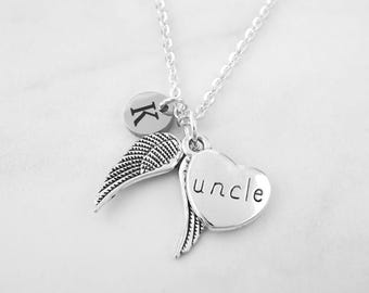 Uncle Memorial Necklace: Silver Angel Wings, Heart and Personalized Initial Charms