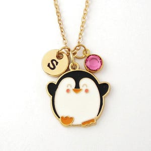 Penguin Necklace - Cute Enamel and Gold Penguin Jewelry - Monogram Personalized Initial and Birthstone
