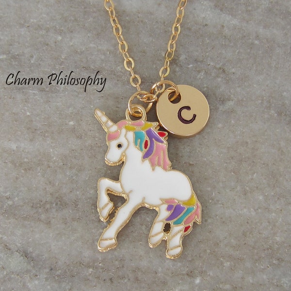 Gold Unicorn Necklace - Enamel White Unicorn Charm - Monogram Initial Necklace - Antique Gold Toned Jewelry - Unicorn Birthday Party Prizes