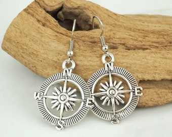 Compass Earrings - Silver Compass Charm Dangle Earrings - Travel Earrings - Travel Graduation Gift