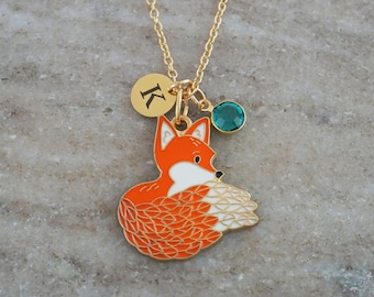 Fox Necklace - Personalized Initial or Name and Birthstone Charm - Gold and Enamel Fox Jewelry - Made in Canada