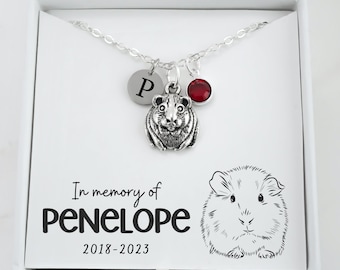 Guinea Pig Memorial Necklace - Kids Pet Memorial Gift - Personalized Initial and Birthstone - In Memory of Guinea Pig Jewelry