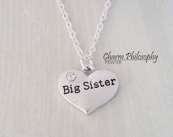 Big Sister Necklace - Silver Heart Charm - Matching Heart Necklaces - Sister Gifts