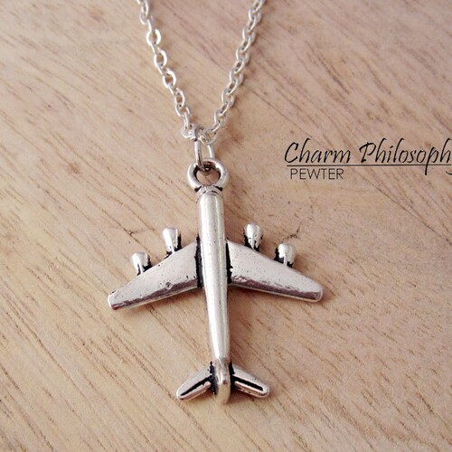 Airplane Necklace Antique Silver Jewelry Boeing 747 Charm Etsy