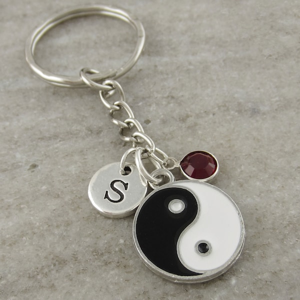 Porte-clés Yin Yang - Initiale et pierre de naissance - Cadeaux Yin Yang chinois - Porte-clés personnalisé