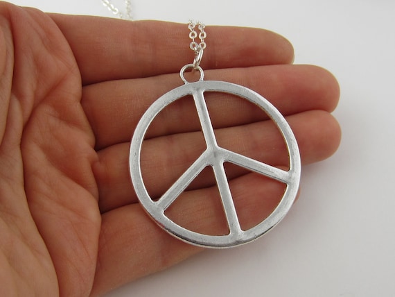 Large Peace Sign Necklace Big Hippie Necklace Boho Jewelry Peace Sign Charm Hippie Costume Jewelry Antique Silver Jewelry Etsy