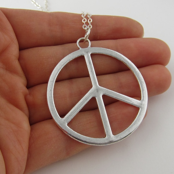 Large Peace Sign Necklace - Big Hippie Necklace - Boho Jewelry - Peace Sign Charm - Hippie Costume Jewelry - Antique Silver Jewelry