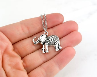 Elephant Necklace - Elephant Trumpeting Charm Necklace - Silver Elephant Jewelry - Elephant Gifts - Antique Silver Jewelry