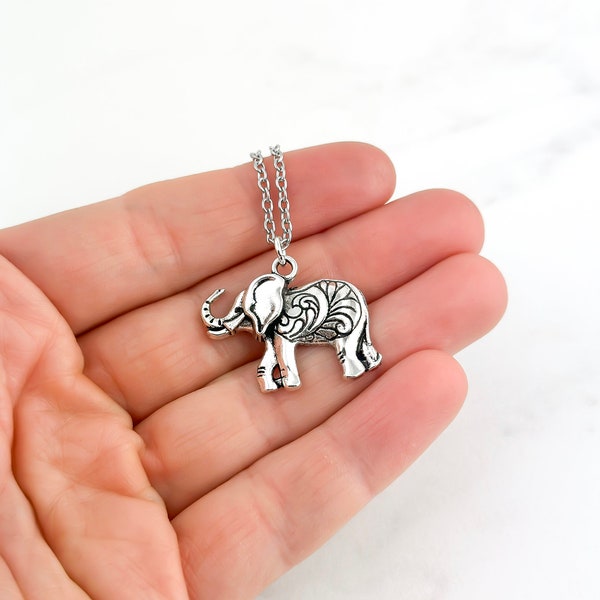 Elephant Necklace - Elephant Trumpeting Charm Necklace - Silver Elephant Jewelry - Elephant Gifts - Antique Silver Jewelry