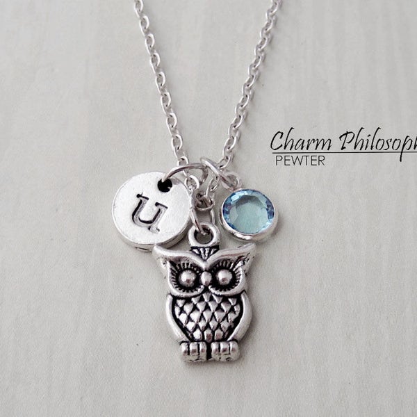 Owl Necklace - Owl Baby Shower Gift - Personalized Initial and Birthstone - Antique Silver Jewelry