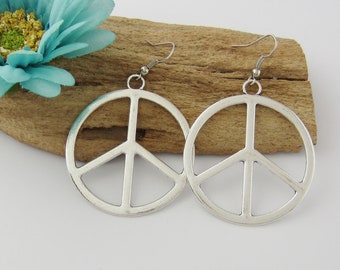 Large Peace Sign Earrings - Antique Silver Jewelry - Sterling Silver or Silver Plated Shepherd Hooks - Hippie Earrings - 60s Costume Jewelry