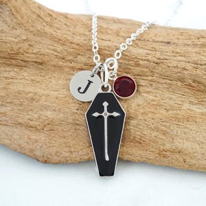 Coffin Necklace | Silver and Black Enamel Jewelry, Personalized Gothic Halloween Jewelry, Vampire Necklace with Initial and Birthstone