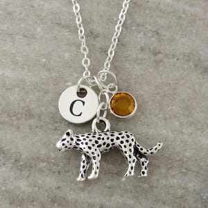 Collier léopard - Bijoux anciens en argent avec breloque guépard, initiales et pierre de naissance