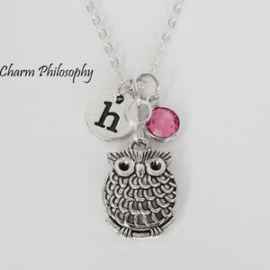 Owl Necklace - Owl Jewelry - Monogram Personalized Initial and Birthstone