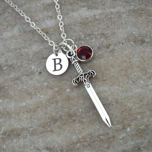 Sword Necklace - Personalized Knight's Sword Charm Necklace - Personalized Initial and Birthstone - Antique Silver Jewelry - Dagger Necklace image 1
