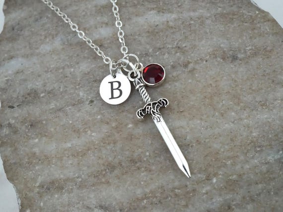 Sword Necklace - Personalized Knight's Sword Charm Necklace - Personalized Initial and Birthstone - Antique Silver Jewelry - Dagger Necklace