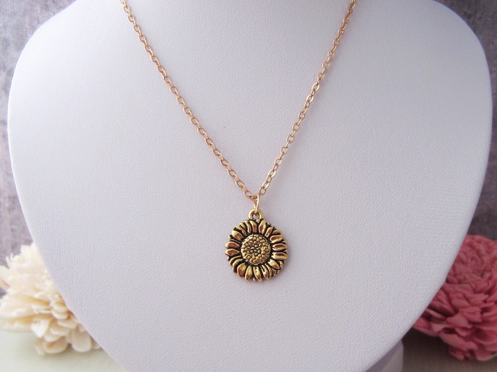 Gold Sunflower Necklace Flower Jewelry Antique Gold Pewter Etsy