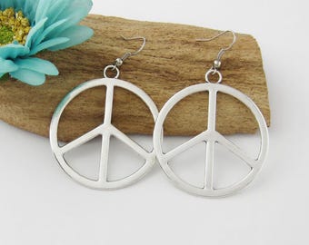 Large Peace Sign Earrings - Silver 60s Hippie Costume Jewelry