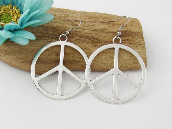 Large Peace Sign Earrings Antique Silver Jewelry Sterling