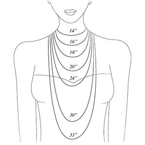 May include: A black and white line drawing titled CHAIN LENGTH CHART showing a torso with seven concentric necklace chains labelled 14", 16", 18", 20", 24", 30", and 33". Text at the bottom states: These lengths are female averages. Height and neck circumference will cause fit to differ.