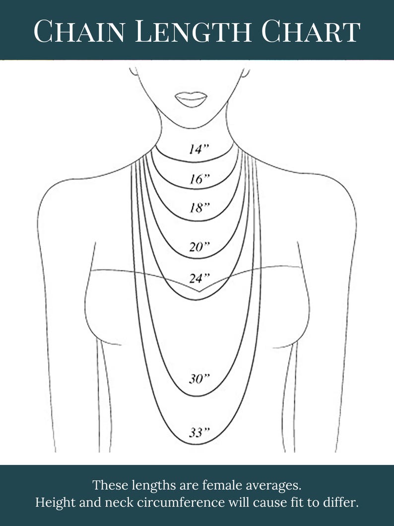 May include: A black and white line drawing titled CHAIN LENGTH CHART showing a torso with seven concentric necklace chains labelled 14", 16", 18", 20", 24", 30", and 33". Text at the bottom states: These lengths are female averages. Height and neck circumference will cause fit to differ.