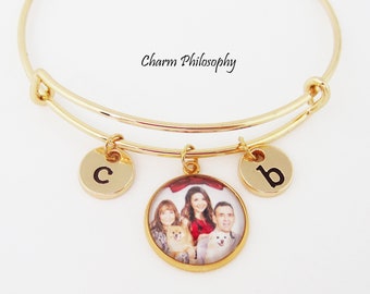 Custom Photo Bracelet - Adjustable Bangle Bracelet - Personalized Initial and Birthstone - Cabochon Picture Charm - Gold Photo Bracelet
