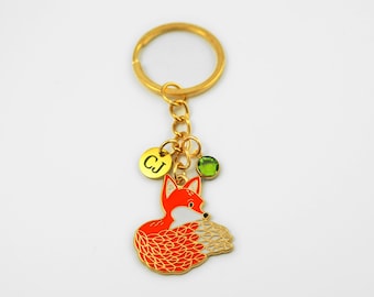 Fox Keychain - Gold Enamel Fox, Personalized Initial and Birthstone Charms