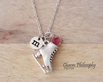 Ice Skate Necklace - Figure Skating Gifts - Monogram Personalized Initial and Birthstone - Silver Jewelry