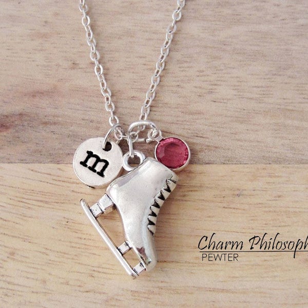 Ice Skate Necklace - Figure Skating Gifts - Monogram Personalized Initial and Birthstone - Silver Jewelry