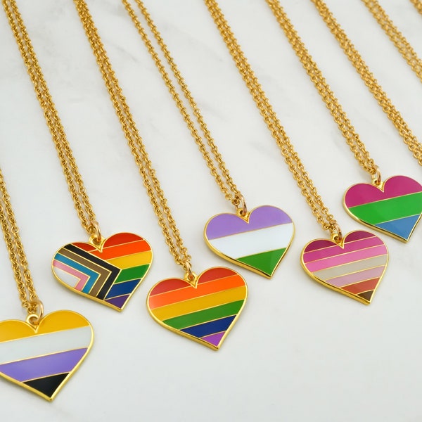 LGBTQ Pride Flag Necklace - Heart Flag Charm Necklace - Gold and Enamel Pride Jewelry - Rainbow LGBT Necklace - LGBTQIA+ Pride Month Gifts