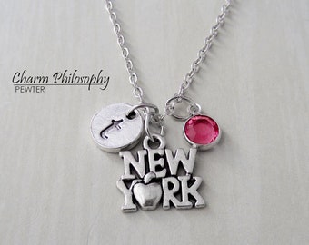 New York Necklace - Big Apple Necklace - Monogram Personalized Initial and Birthstone - Antique Silver Jewelry
